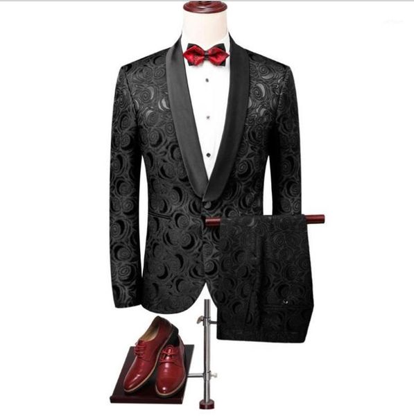 

new men's flower suit suit korean version of the trend of personality black two-piece business casual pattern set1, White;black