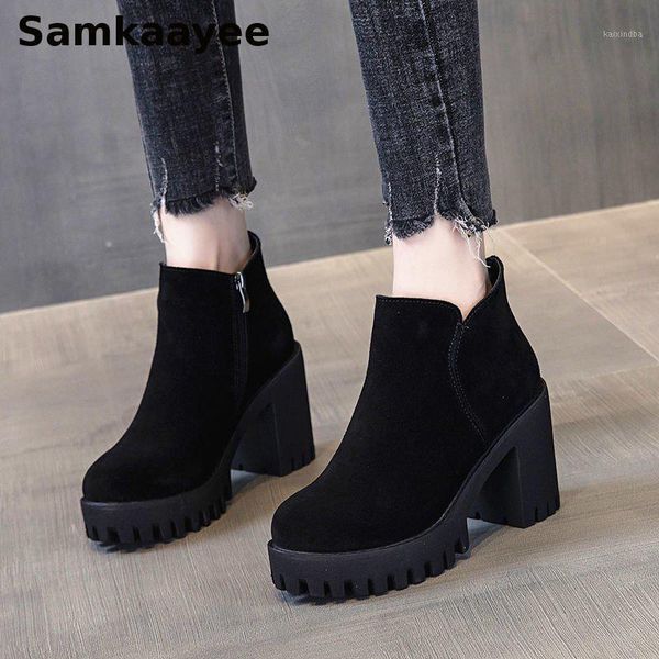 

boots size 35-40 womens spring autumn female flock 8cm heels botas zipper platform shoes mujer motorcycle booties y331, Black