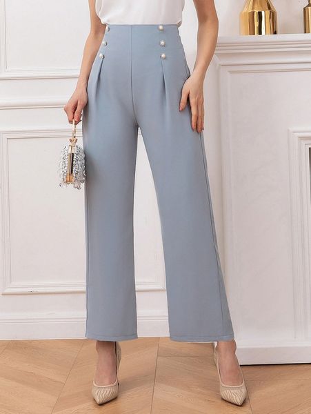 

high waist pearl button detail pants h9x0#, Black;white