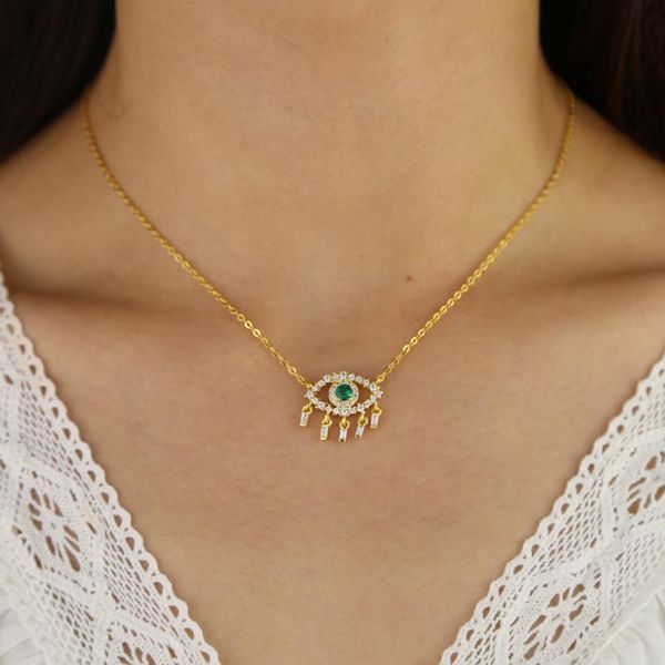 

chains gold color baguette cz drop eye jewelry white green cubic zirconia turkish evil pendant necklace, Silver
