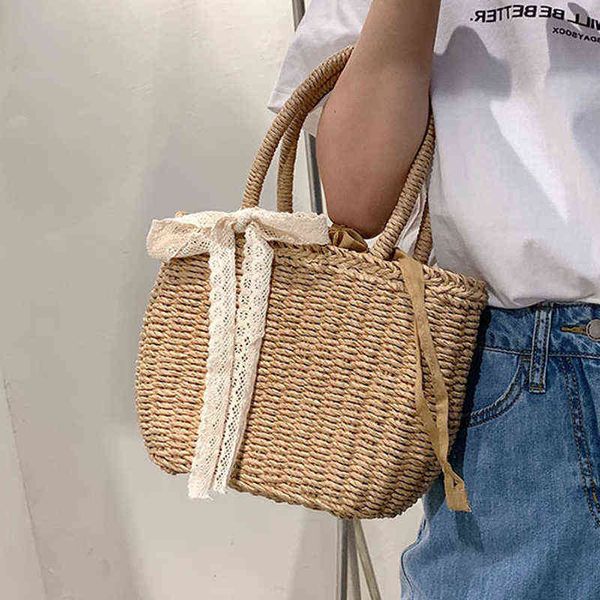 

shopping bags summer handmade handbags for women beach weaving ladies straw bag travel handle pack 220309