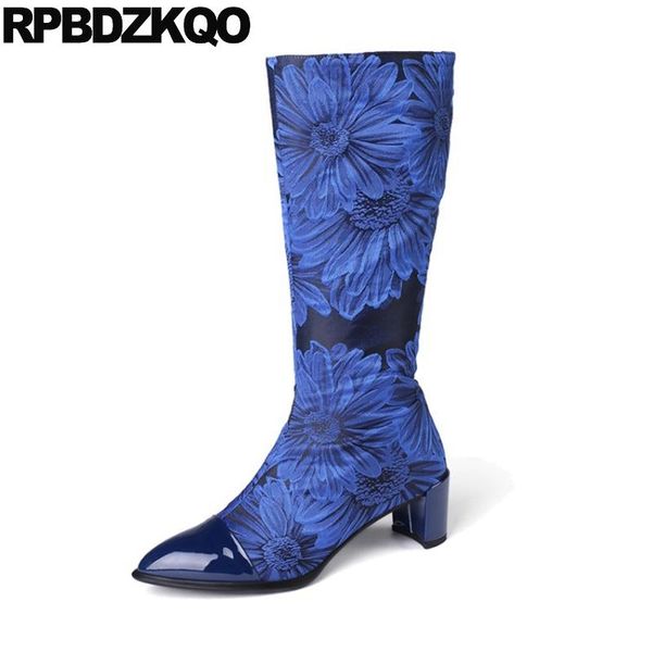 

floral print satin knee high side zip boots pointed toe chunky big size blue fashion flower printed long women 10 shoes elegant, Black
