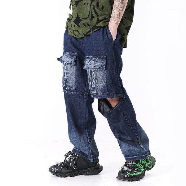 

kiovno vintage men cargo loose jeans pants washed straight baggy denim trousers for male washed front pockets1, Blue