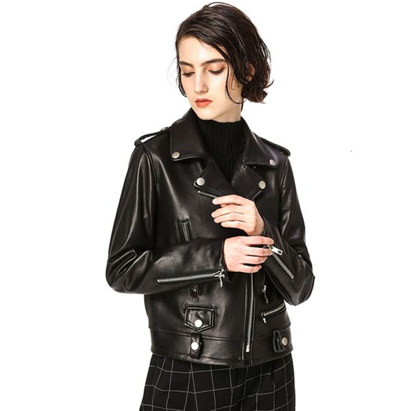 

women's motorcycle leather jacket, black coat, long sleeve basic street coat