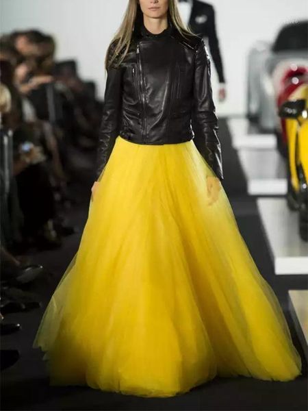 

spring summer extra long mesh lace vintage expansion skirt women yellow tulle elastic waist beach travel ball big swing skirts1, Black