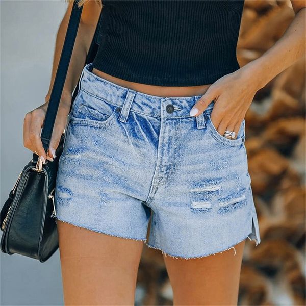 

women's high stretch denim shorts with holes and slits, Blue