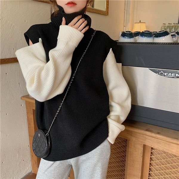 

2021 new highly oversized female neck loose in mesh jumpers hollow shoulder out long sleeve winter sweaters 3wfa, White;black