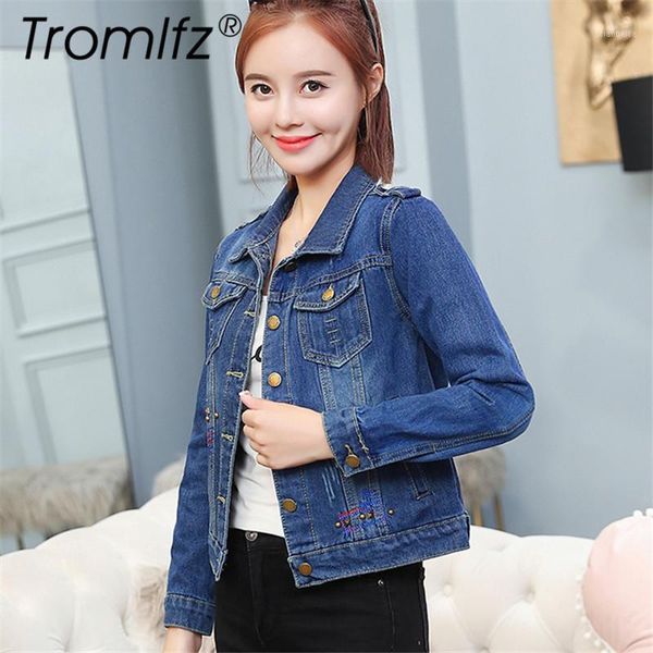 

tromlfz 2019 spring and autumn women's solid color long sleeve denim jacket women's embroidered rivets large size short slim1, Black;brown