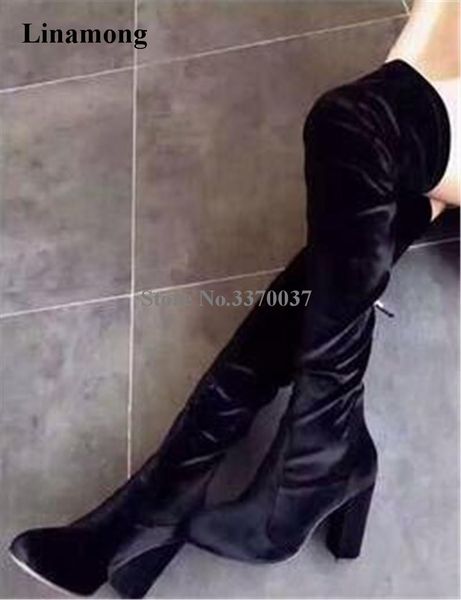 

горячий продавать женщин мода velvet черный синий за колено коренастый пятки сапоги sexy тонкий стиль толстый каблук длинные сапоги, Black