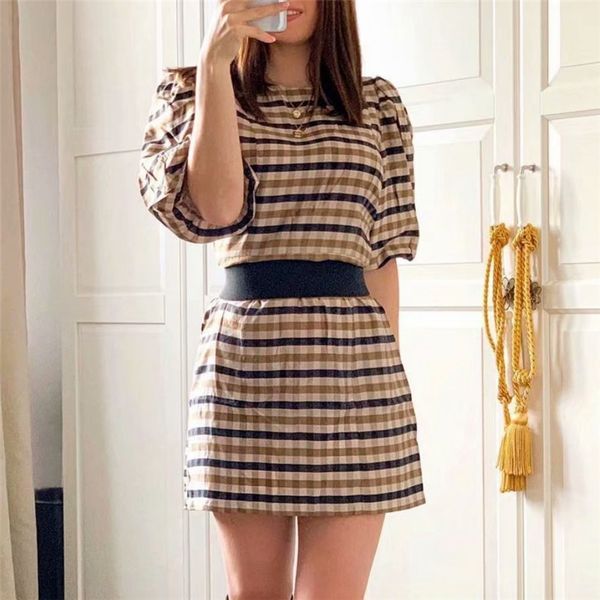 

2021 new elegant women khaki plaid dresses 2021 summer fashion ladies puff sleeve vestidos streetwear female o-neck mini dress 7n7h, Black;gray
