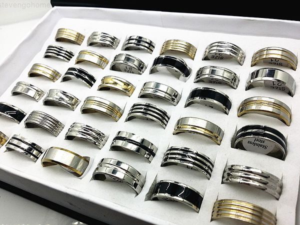 

black 50factory/lot silver gold wholesale men's stainless assorted steel band rings mixed styles brand new, Slivery;golden