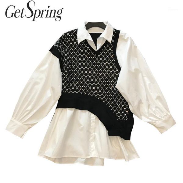 

getspring women blouse rhombus plaid rhinestone knit spliced women shirt fake two long sleeve blouse fashion ladies spring1, White