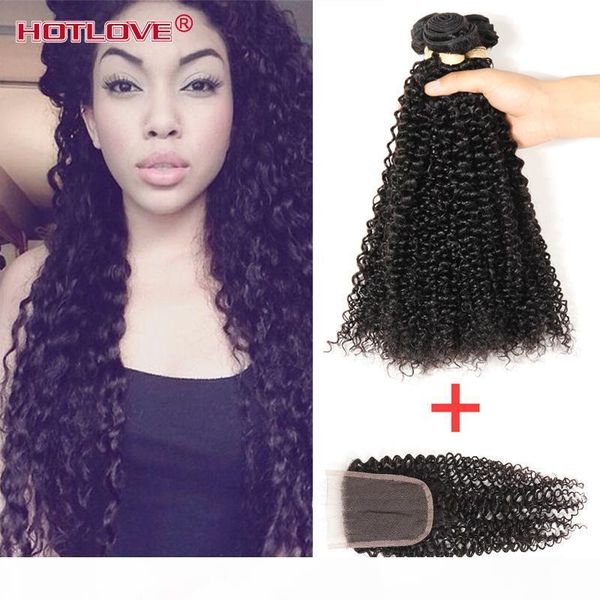 

ove 4pcs lot peruvian curly hair bundles with closure virgin hair natural color human hair closure 130% density middle three part, Black;brown