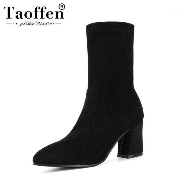 

boots taoffen women 2021 stretch black ankle pointed toe square heels daily comfortable short woman footwear size 34-451