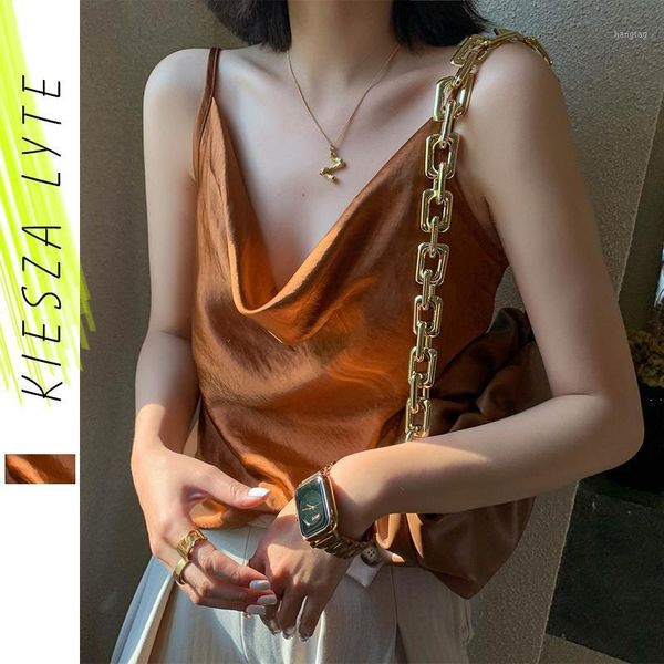 

women summer solid satin sleeveless backless casual basic v neck ruched shirts ladies camisole blouses1, White