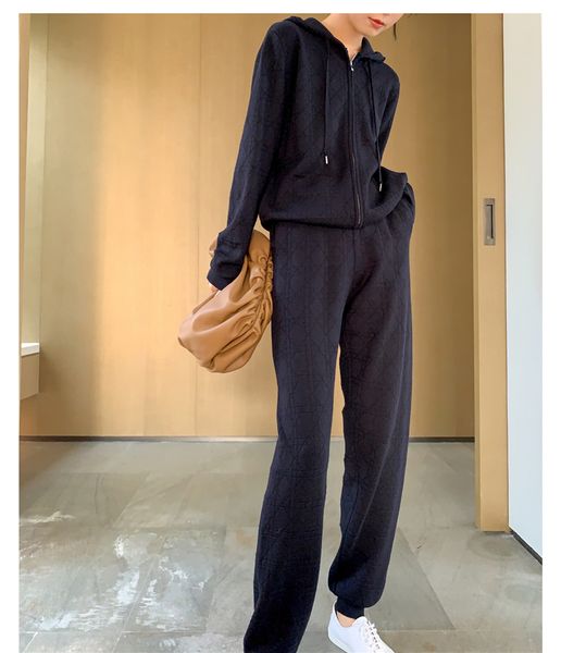 

2021 new autumn and winter new french gentle wind diamond plaid hooded casual knitted 2-piece harem pants sweater set qh3e, Gray