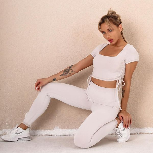 

yoga outfits 2pcs seamless women set high waist leggings tights drawstring crop tracksuit female gymwear fitness sportswear, White;red