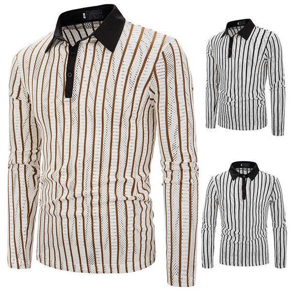 

vertical stripe hollow leisure fashion design men's lapel long sleeve polo shirt, White;black