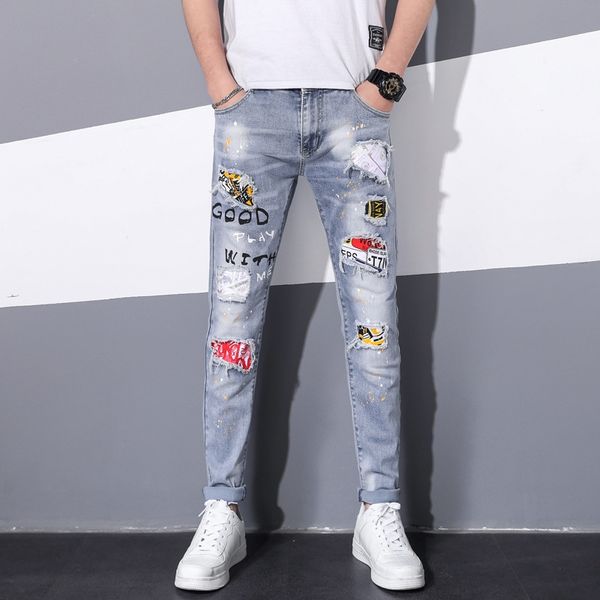 

весной и летом новые брюки тонкий штуцер ткань и джинсы мужские эластичные гетры корейский мужские джинсы aqdmk, Blue