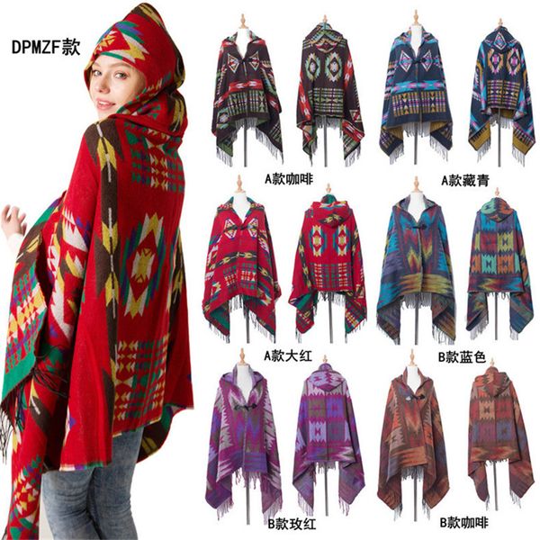 

pashmina sherpa shawl hooded cloak womens bohemian tassels cape scarf hoodies outwear winter warm ladies cloaks wraps scarves mats ly10261, Red;brown