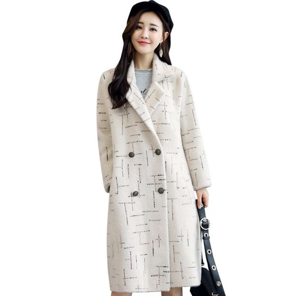 

women's wool & blends 2021 autumn winter high-end woolen coat women long-sleeved imitation mink hair simple loose female long overcoat, Black