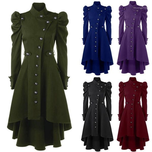 Trench da donna Puimentiua Donna Top Cappotto lungo medievale Inverno Nero Verde Colletto alla coreana Moda gotica Vintage Femminile1