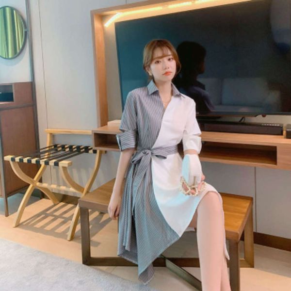

women 2020 korean version summer quarter sleeve slim long drs very fairy french minority platycodon skirt, Black;gray