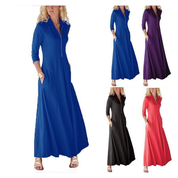 

womens spring and autumn casual long sleeve flowy comfort plain lapel neck zipper with pockets for evening party long dresses1, Black;gray