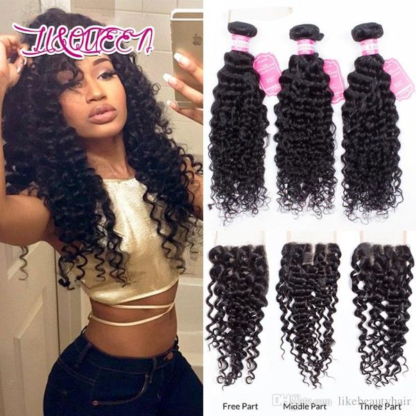 

human hair deep wave 4x4 lace closure with 3 bundles brazilian hair extensions natural color virgin hair full density, Black;brown