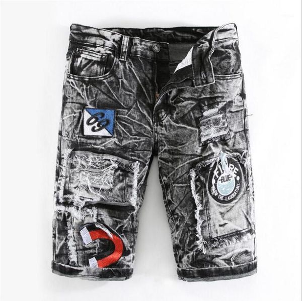 

men holes denim shorts black short jeans slim fit elastic jeans good quality men knee length shorts skinny for1, Blue