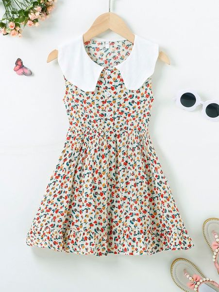

toddler girls ditsy floral print contrast collar ruffle hem dress she, Red;yellow