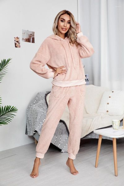 

winter women's fleece 2 pcs clothes sets long sleeve solid color pullover hoodies + long pant warm fuzzy homewear outfits1, Gray