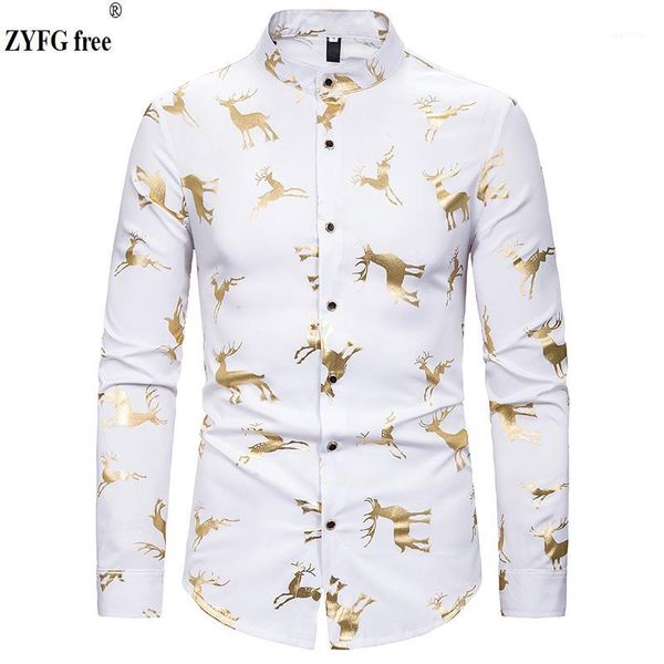 

plus size spring men long sleeve shirt mens casual style shirts fawn bronzing printing fashion shirt white gold silver color1, White;black