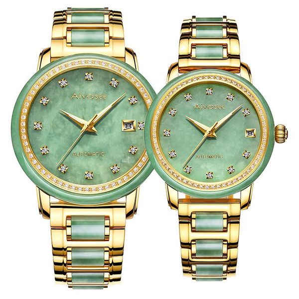 

genuine original jade diamond automatic men's mechanical watch calendar hollow jade-emerald wrist watches women support detectio, Slivery;brown