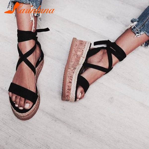 

karin new arrivals 2020 large size 43 platform summer sandals woman shoes lace up dropship wedge heels shoes women sandals, Black