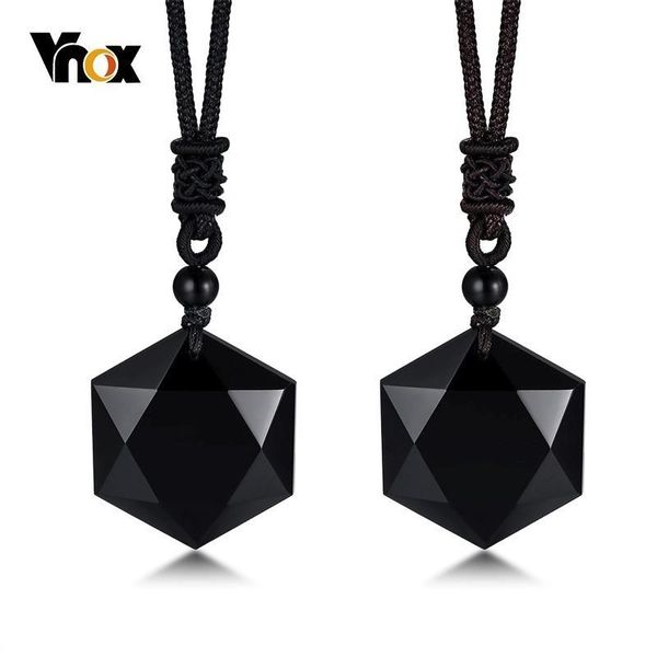 

vnox drop shipping black obsidian necklace star of david rongde men pendant lucky love crystal jewelry with adjustable rope, Silver