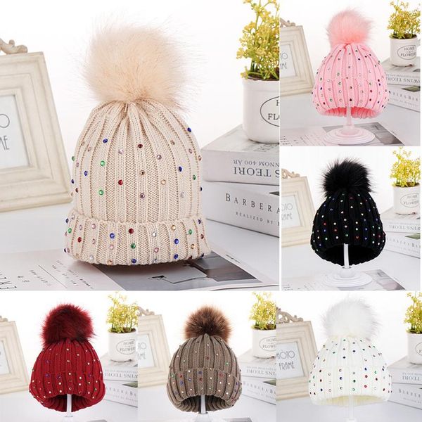 

new 2021 children baby knitting wool hemming hat keep warm winter hiarball rhinestone cap warm baby winter hat for kids wmtulx, Yellow