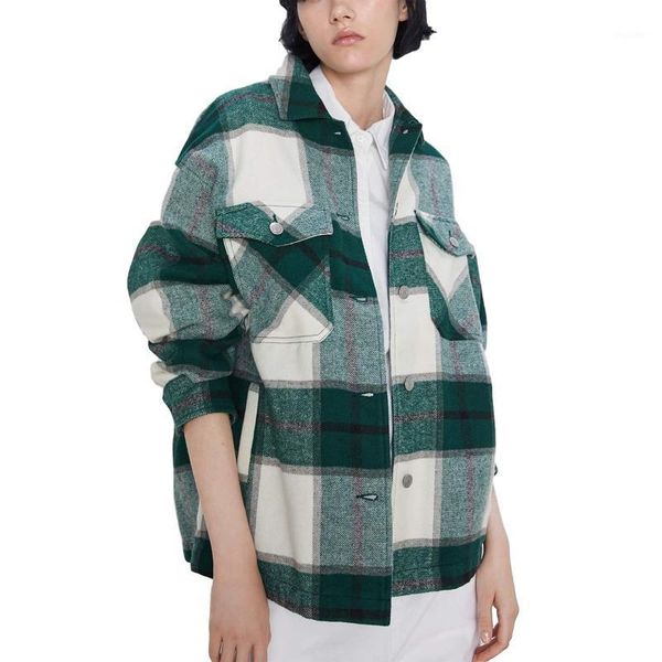 

autumn winter thick warm classic plaid print shirt jacket loose casual wool coat women vintage button pocket jackets windbreaker1, Black