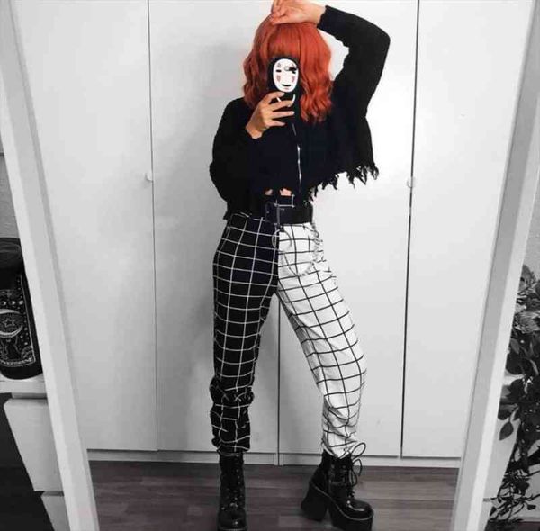

hight waist straight loose long trousers streetwear cool girls black and white checkerboard patchwork trousers cargo pants, Black;white