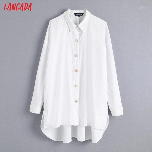 

tangada women beading buttons white blouse oversized long sleeve chic vintage casual shirt blusas femininas be1101