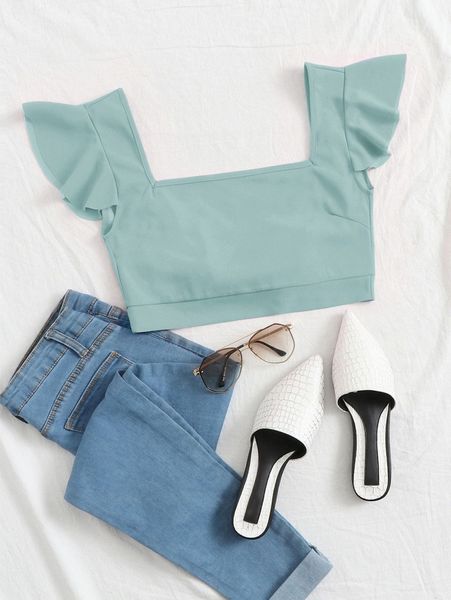 

square neck tie back ruffle trim crop 15ds#, White