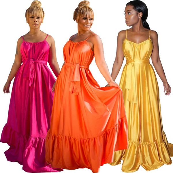 

summer 2021 new fashion style women solid color spaghetti strap sleeveless loose plus size long dress, Black;gray