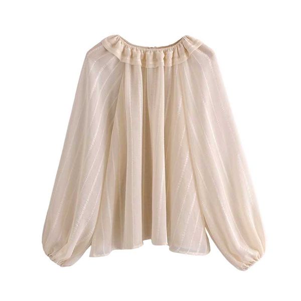 

elegant women chiffon beige striped shirts 2020 fashion ladies ruffles o-neck sweet female chic loose lantern sleeve blouse, White