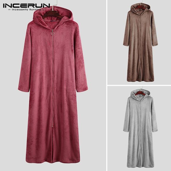 

incerun men fleece sleep robes hooded solid color zipper bathrobes long sleeve homewear comfortable leisure warm men nightgowns, Black;brown