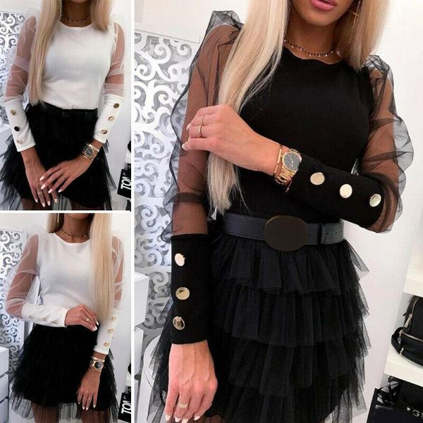 

new 2021 women mesh sheer puff long sleeve pullover blouse ladies shirts casual party club clothes1, White
