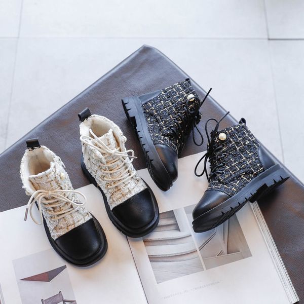 

girls' 2020 autumn and british princess short martin boots plus cashmere children winter shoes, Black