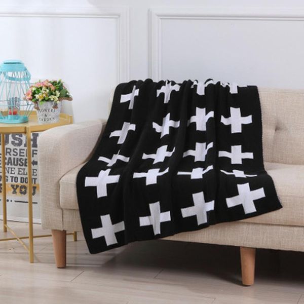 

knitted blanket black grey crochet cross jacquard soft sofa baby blanket soft comfort black and white cross design portable