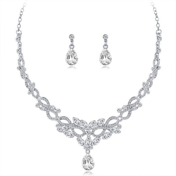 

bridal necklace earrings floral rhinestone wedding gifts elegant women exquisite jewelry sets christmas gifts, Silver
