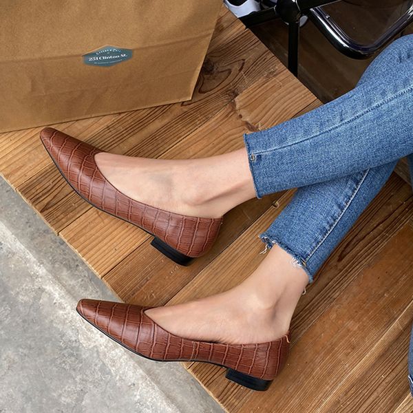

2020 standard stone leather genuine imported soft calf skin and comfortable square toe thin women's flat shoes bc25, Black