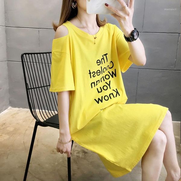 

women straight dress cold shoulder letters print summer dress 2020 short sleeve o-neck korean harajuku street t shirt dress#j301, Black;gray